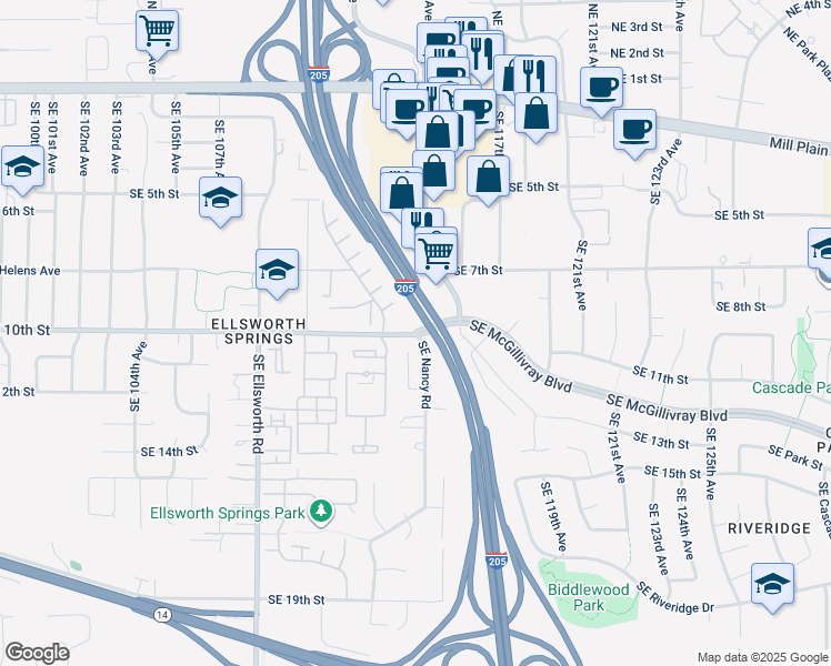 map of restaurants, bars, coffee shops, grocery stores, and more near 11304 Southeast 10th Street in Vancouver