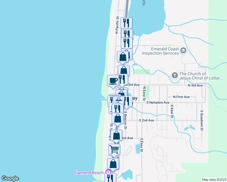 map of restaurants, bars, coffee shops, grocery stores, and more near 160 North 3rd Avenue in Rockaway Beach