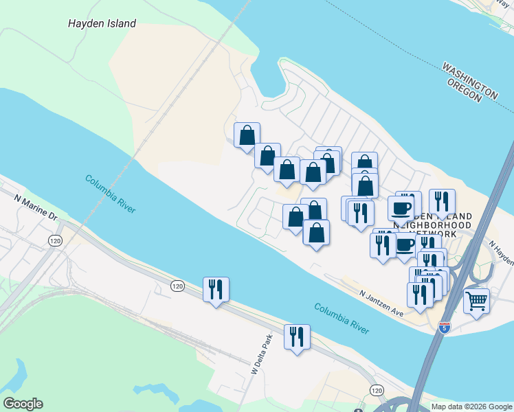 map of restaurants, bars, coffee shops, grocery stores, and more near 12381 North Westshore Drive in Portland