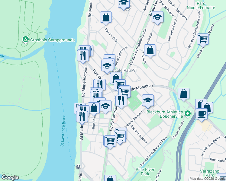 map of restaurants, bars, coffee shops, grocery stores, and more near 61 Rue de Montbrun in Boucherville