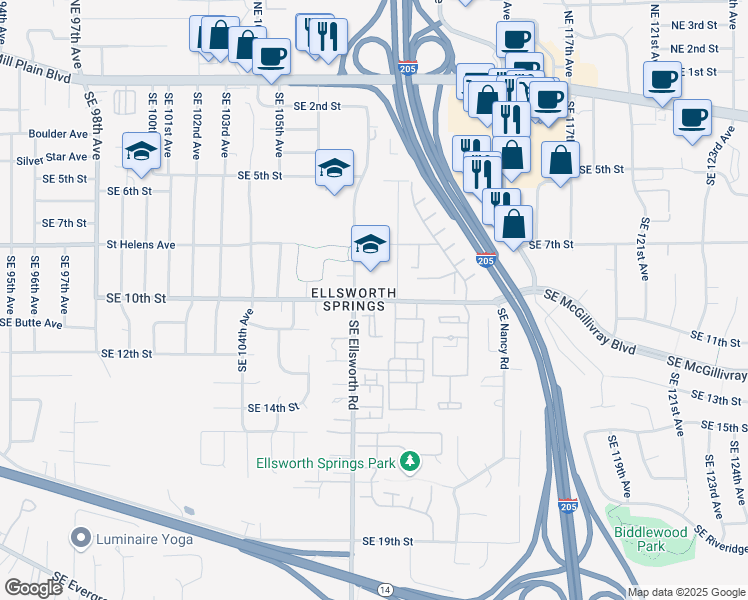 map of restaurants, bars, coffee shops, grocery stores, and more near 805 Southeast Ellsworth Road in Vancouver