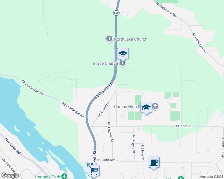 map of restaurants, bars, coffee shops, grocery stores, and more near 4835 Northeast Everett Drive in Camas