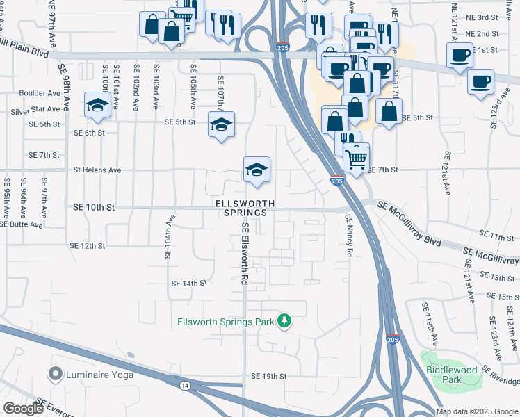 map of restaurants, bars, coffee shops, grocery stores, and more near 805 Southeast Ellsworth Road in Vancouver