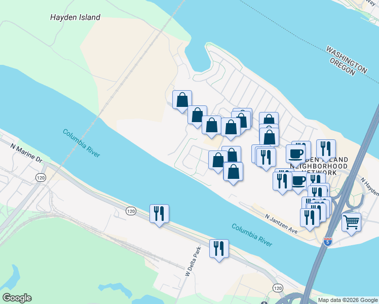 map of restaurants, bars, coffee shops, grocery stores, and more near 12381 North Westshore Drive in Portland