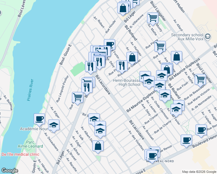 map of restaurants, bars, coffee shops, grocery stores, and more near 12107 Boulevard Lacordaire in Montréal