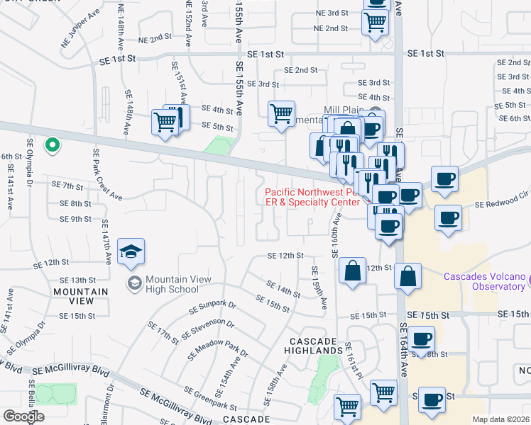 map of restaurants, bars, coffee shops, grocery stores, and more near 15509 Southeast Mill Plain Boulevard in Vancouver