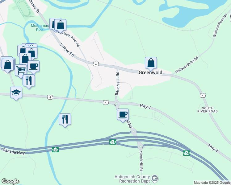 map of restaurants, bars, coffee shops, grocery stores, and more near 1 Beech Hill Road in Antigonish