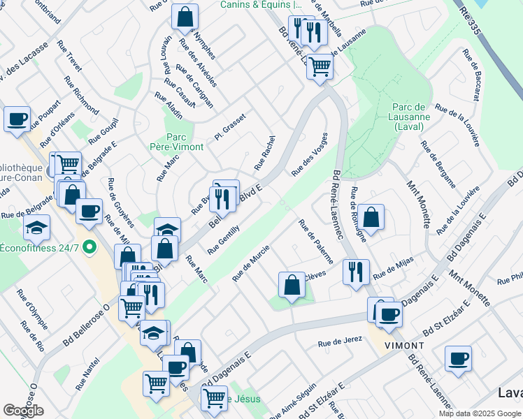 map of restaurants, bars, coffee shops, grocery stores, and more near 200 Rue de Gentilly in Laval