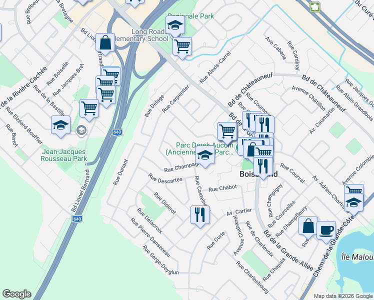 map of restaurants, bars, coffee shops, grocery stores, and more near 1360 Rue de la Chanterelle in Boisbriand
