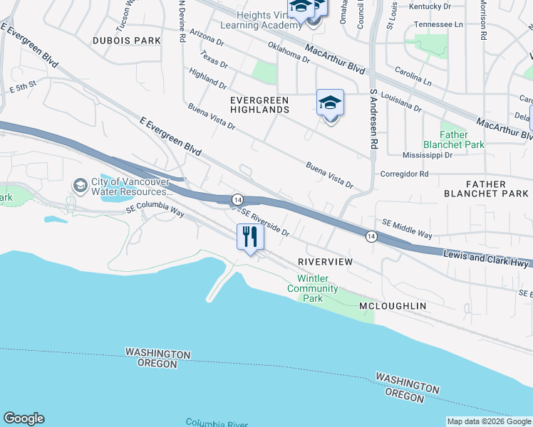 map of restaurants, bars, coffee shops, grocery stores, and more near 6010 Southeast Riverside Drive in Vancouver