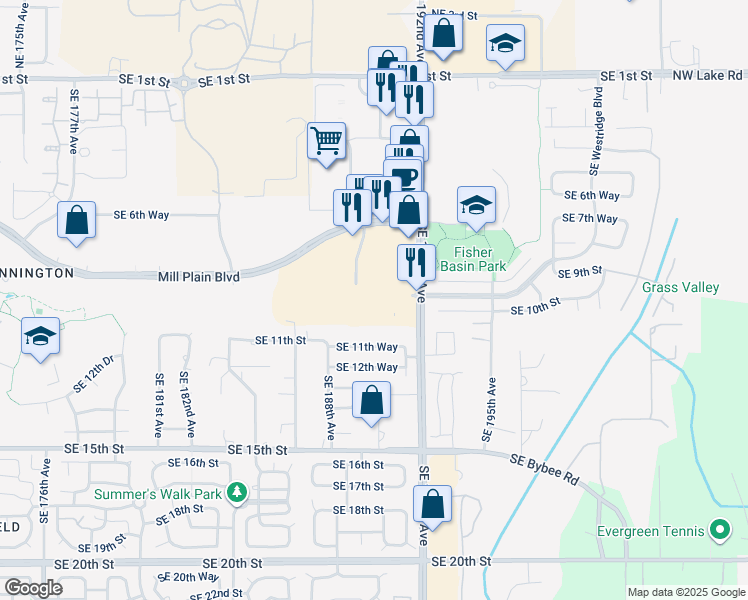 map of restaurants, bars, coffee shops, grocery stores, and more near 19005 Southeast Mill Plain Boulevard in Vancouver