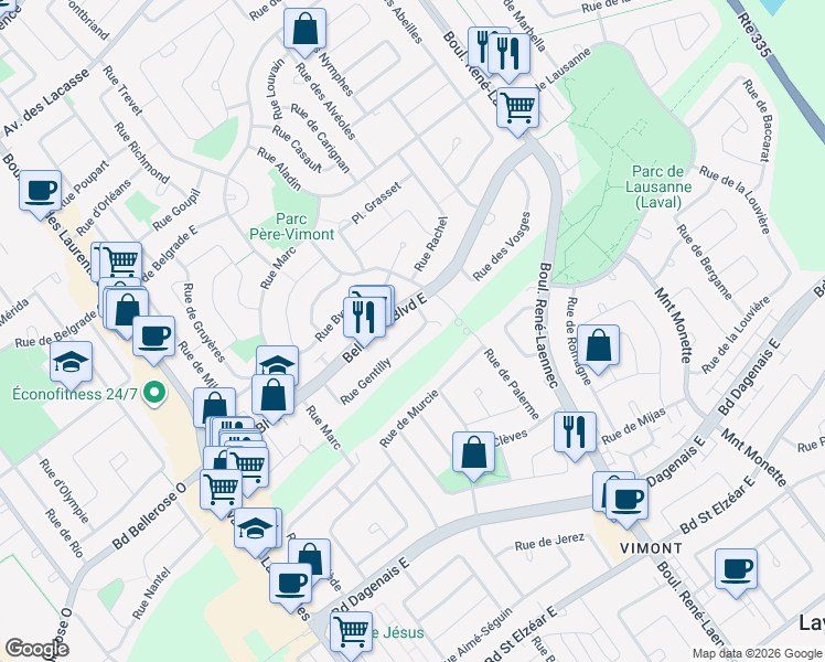 map of restaurants, bars, coffee shops, grocery stores, and more near 185 Rue de Gentilly in Laval