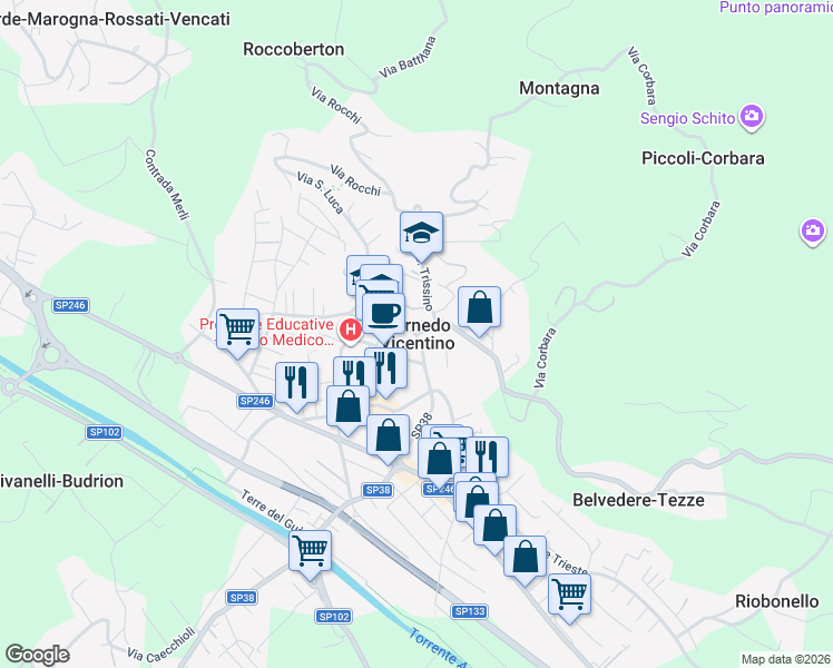 map of restaurants, bars, coffee shops, grocery stores, and more near 57 Via Camillo Benso Conte di Cavour in Cornedo Vicentino
