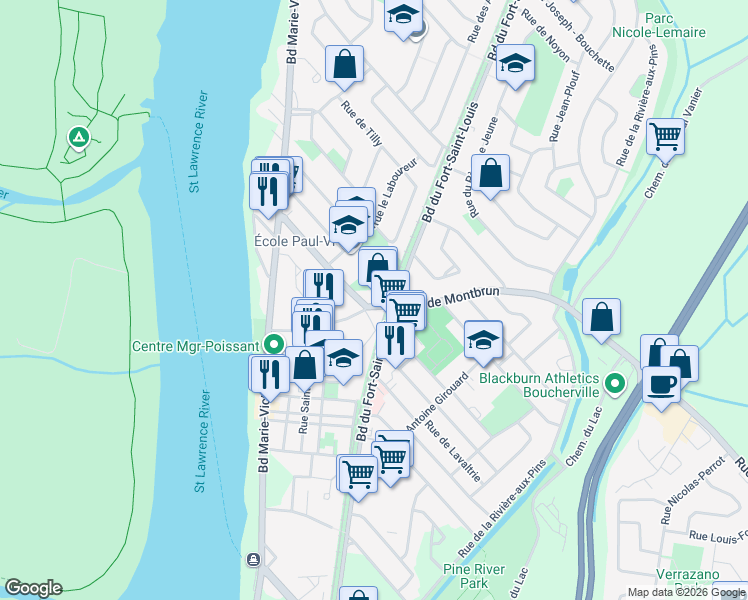 map of restaurants, bars, coffee shops, grocery stores, and more near 65 B Rue de Montbrun in Boucherville