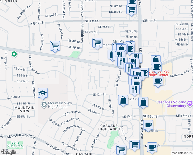map of restaurants, bars, coffee shops, grocery stores, and more near 15509 Southeast Mill Plain Boulevard in Vancouver