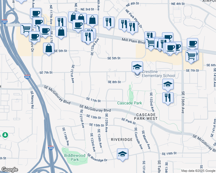 map of restaurants, bars, coffee shops, grocery stores, and more near 12509 Southeast 8th Street in Vancouver
