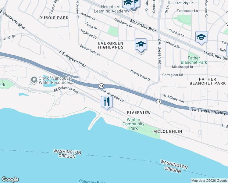 map of restaurants, bars, coffee shops, grocery stores, and more near 6010 Southeast Riverside Drive in Vancouver