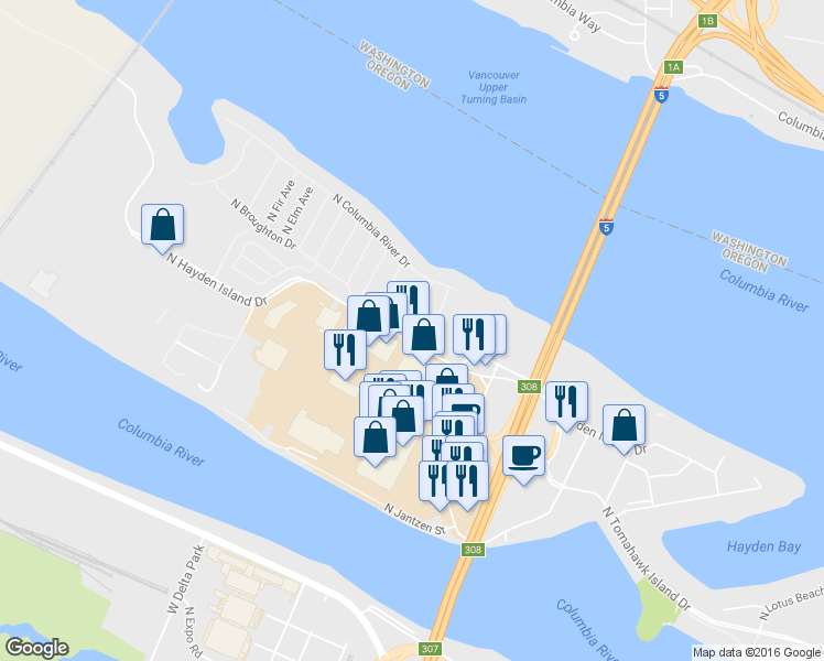 map of restaurants, bars, coffee shops, grocery stores, and more near 1463 North Hayden Island Drive in Portland