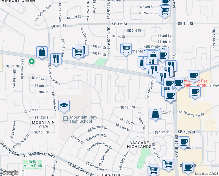 map of restaurants, bars, coffee shops, grocery stores, and more near 15411 Southeast Mill Plain Boulevard in Vancouver