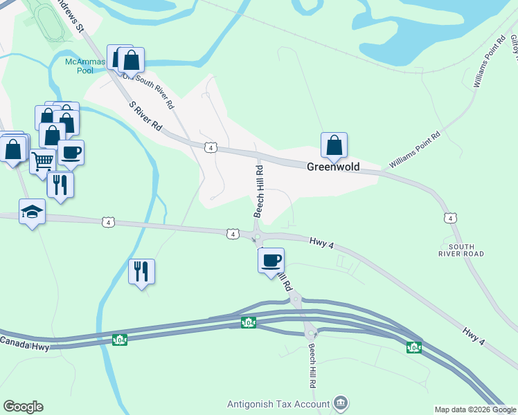 map of restaurants, bars, coffee shops, grocery stores, and more near 1 Beech Hill Road in Antigonish