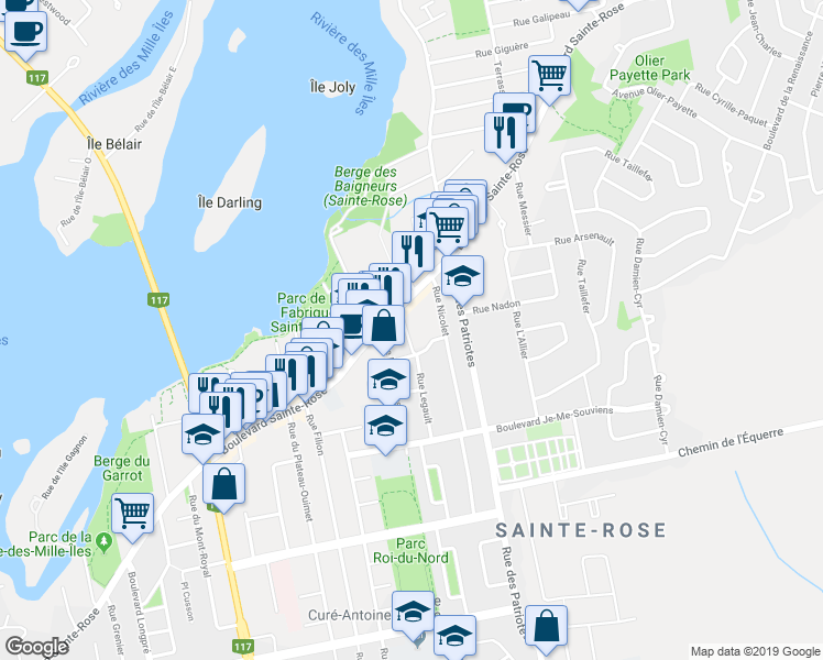 map of restaurants, bars, coffee shops, grocery stores, and more near 180 Boulevard Sainte-Rose in Laval