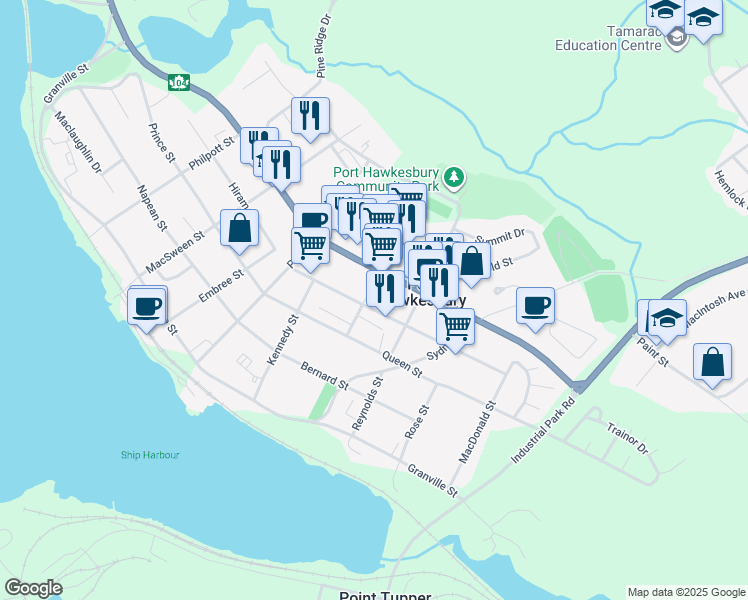 map of restaurants, bars, coffee shops, grocery stores, and more near 636 Church Street in Port Hawkesbury