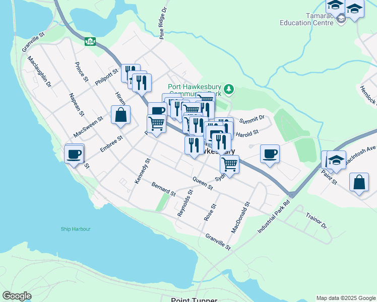 map of restaurants, bars, coffee shops, grocery stores, and more near 636 Church Street in Port Hawkesbury