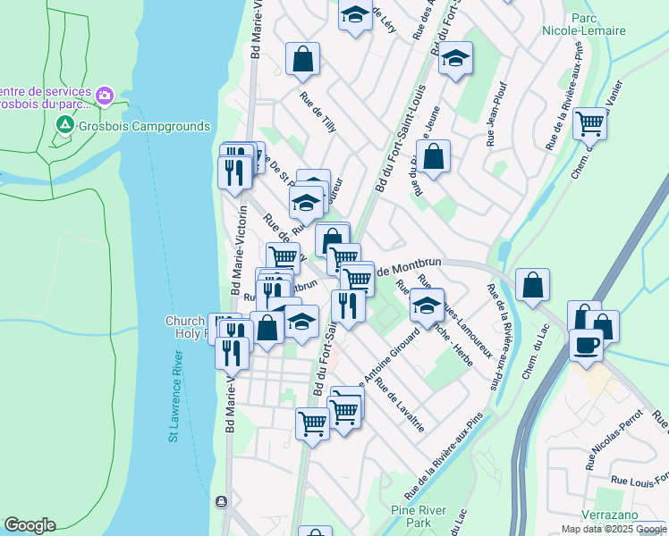 map of restaurants, bars, coffee shops, grocery stores, and more near 65 B Rue de Montbrun in Boucherville