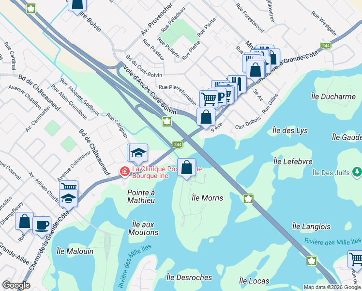 map of restaurants, bars, coffee shops, grocery stores, and more near 140 Chemin de la Grande-Côte in Boisbriand