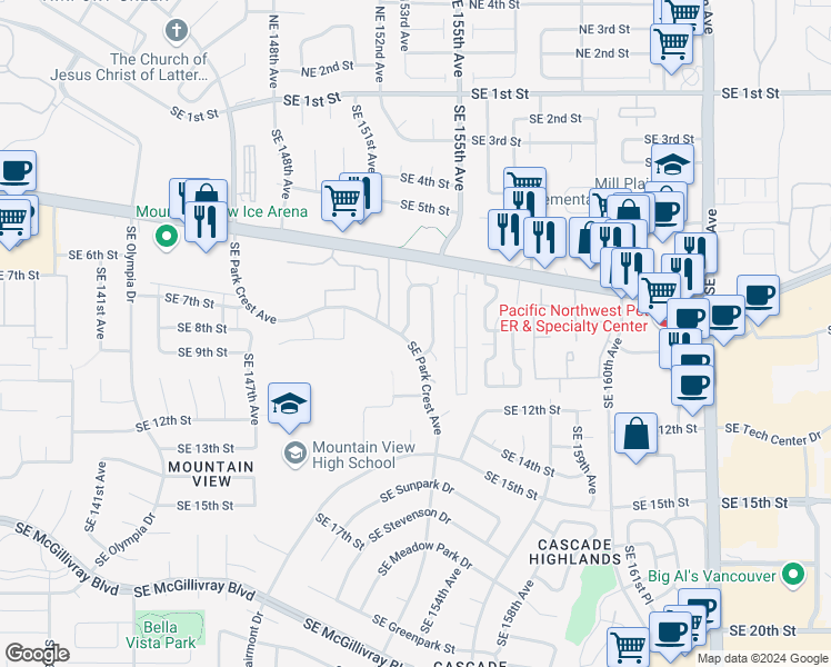 map of restaurants, bars, coffee shops, grocery stores, and more near 901 Southeast 152nd Avenue in Vancouver