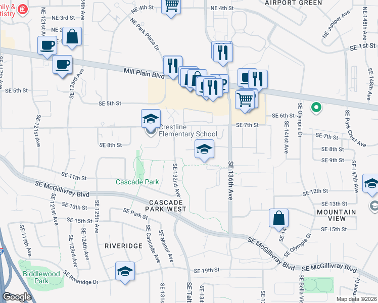 map of restaurants, bars, coffee shops, grocery stores, and more near 813 Southeast 132nd Avenue in Vancouver