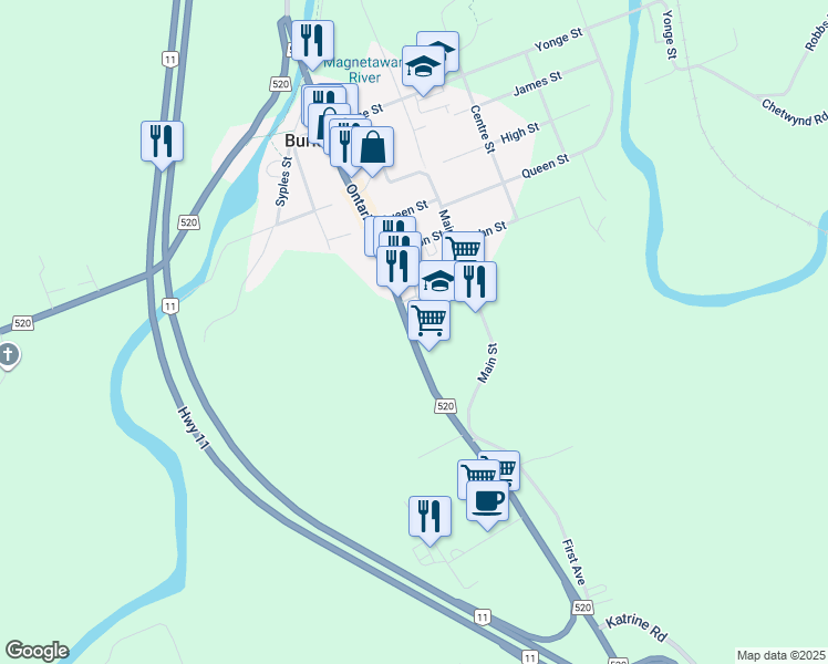 map of restaurants, bars, coffee shops, grocery stores, and more near 95 Ontario 520 in Burk's Falls