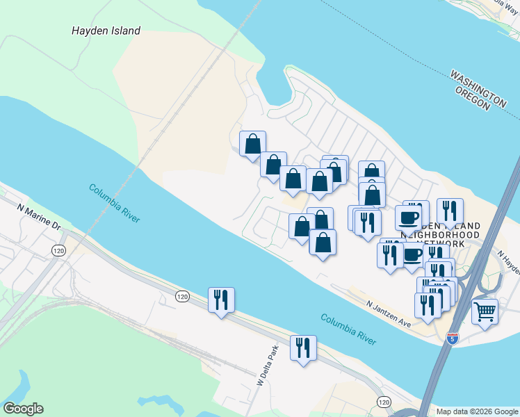map of restaurants, bars, coffee shops, grocery stores, and more near 12381 North Westshore Drive in Portland