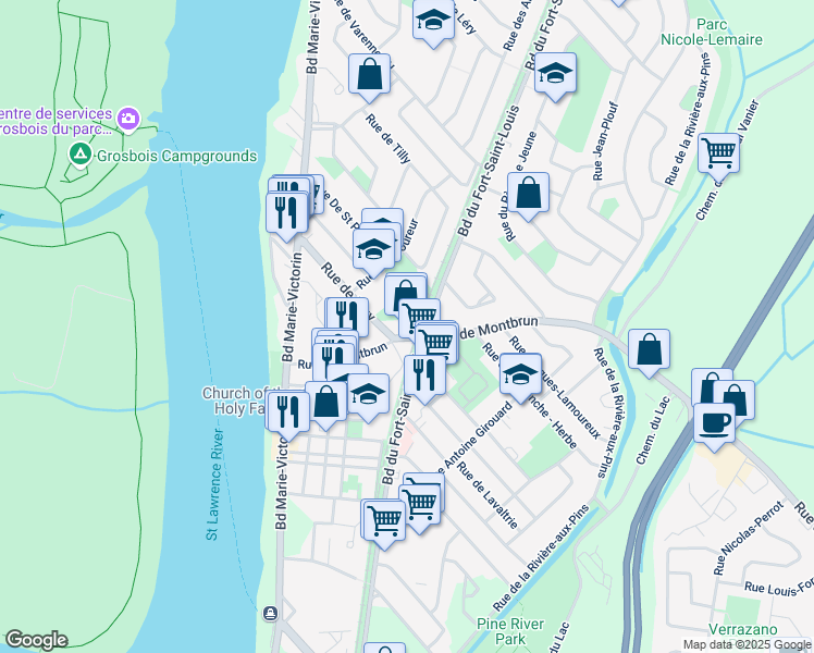 map of restaurants, bars, coffee shops, grocery stores, and more near 61 Rue de Montbrun in Boucherville