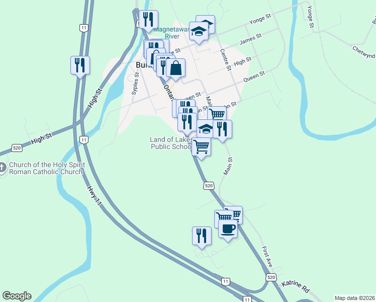 map of restaurants, bars, coffee shops, grocery stores, and more near 95 Ontario Street in Burk's Falls