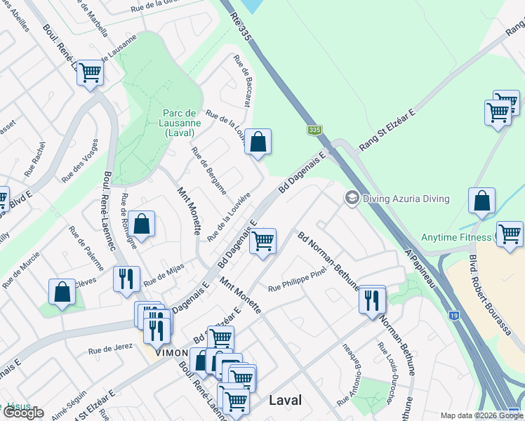 map of restaurants, bars, coffee shops, grocery stores, and more near Boulevard Dagenais Est in Laval