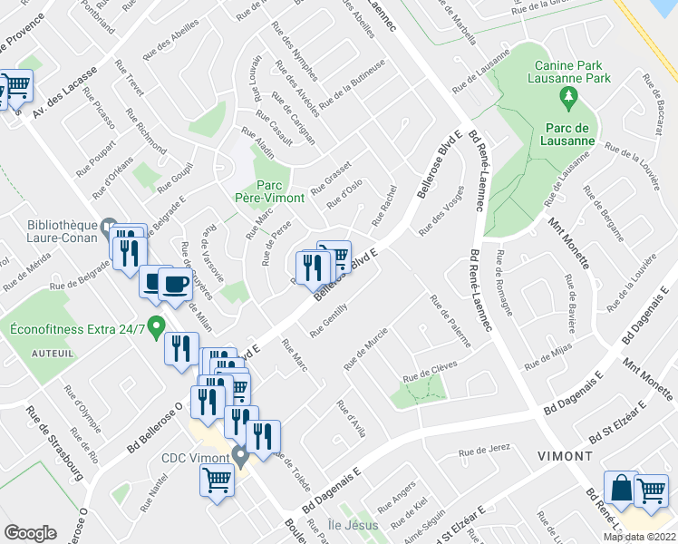 map of restaurants, bars, coffee shops, grocery stores, and more near Boulevard Bellerose Est in Laval