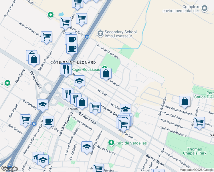 map of restaurants, bars, coffee shops, grocery stores, and more near 7394 Avenue Lévesque in Montréal