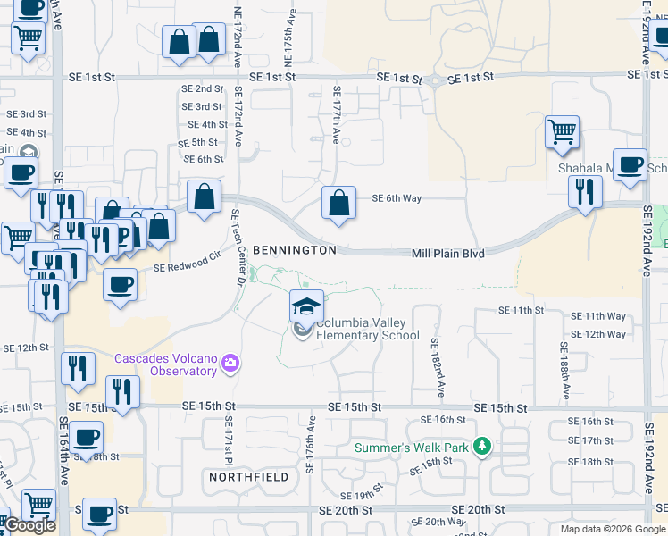 map of restaurants, bars, coffee shops, grocery stores, and more near 17775 Southeast Mill Plain Boulevard in Vancouver