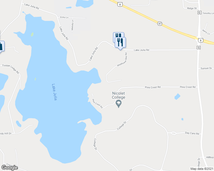 map of restaurants, bars, coffee shops, grocery stores, and more near 3147 Wildflower Bay Road in Rhinelander