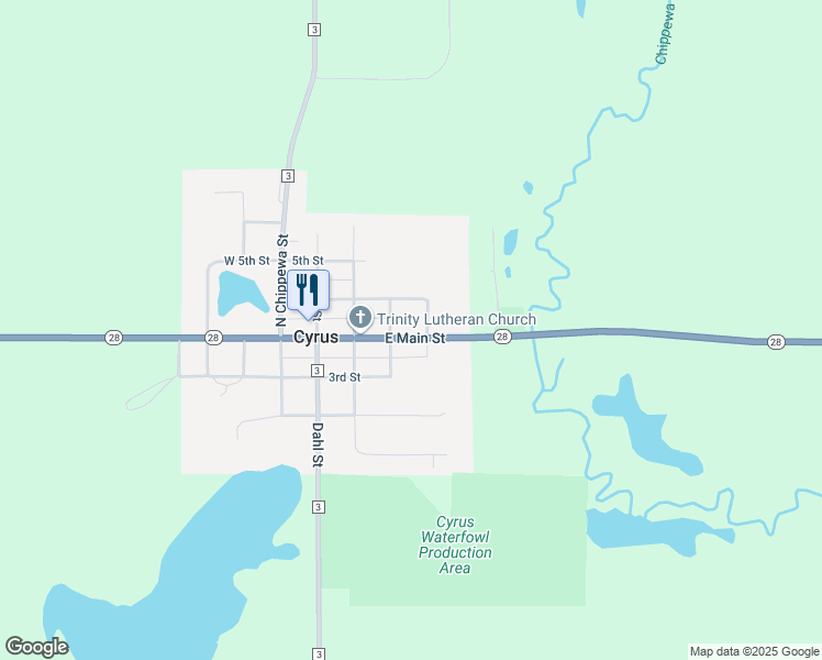 map of restaurants, bars, coffee shops, grocery stores, and more near 312 East Main Street in Cyrus