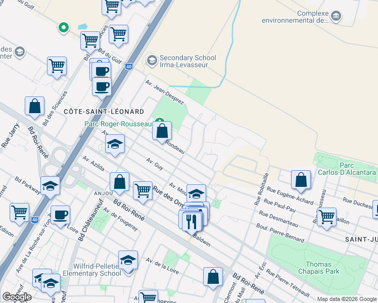 map of restaurants, bars, coffee shops, grocery stores, and more near 7141 Avenue Rondeau in Montréal