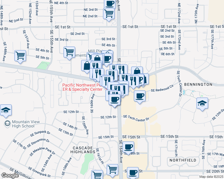 map of restaurants, bars, coffee shops, grocery stores, and more near 906 Southeast 164th Avenue in Vancouver