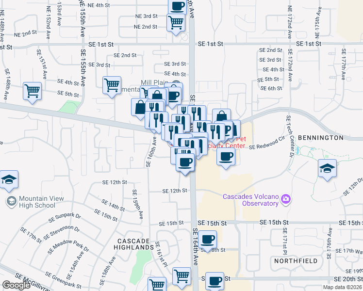 map of restaurants, bars, coffee shops, grocery stores, and more near 906 Southeast 164th Avenue in Vancouver