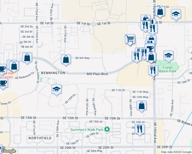 map of restaurants, bars, coffee shops, grocery stores, and more near 18105 Southeast Mill Plain Boulevard in Vancouver