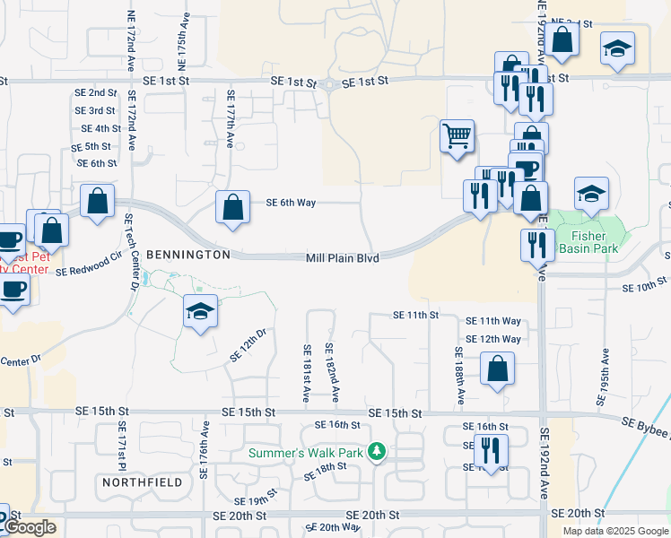 map of restaurants, bars, coffee shops, grocery stores, and more near 18105 Southeast Mill Plain Boulevard in Vancouver