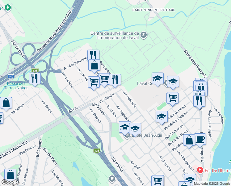 map of restaurants, bars, coffee shops, grocery stores, and more near Chemin du Bord-de-l'Eau in Laval