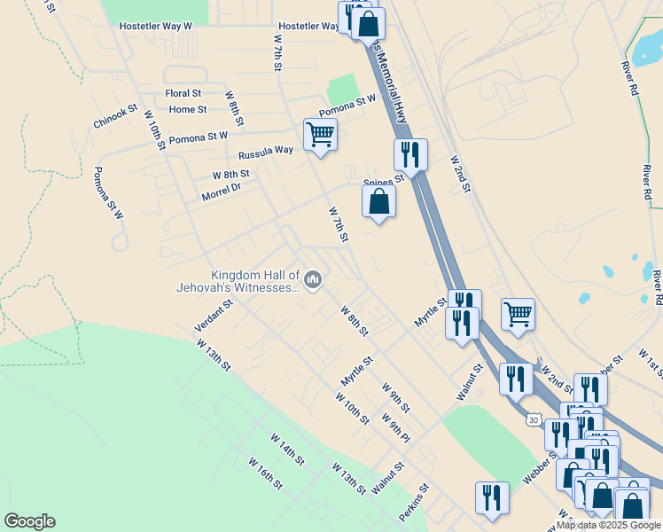 map of restaurants, bars, coffee shops, grocery stores, and more near 46 West 7th Street in The Dalles