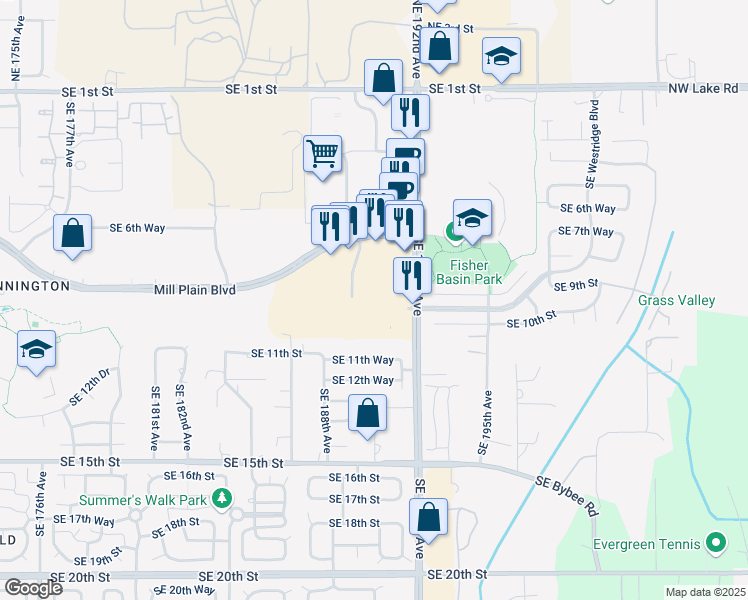 map of restaurants, bars, coffee shops, grocery stores, and more near 19005 Southeast Mill Plain Boulevard in Vancouver