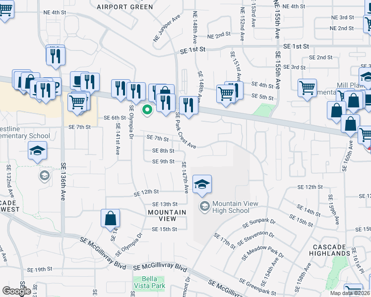 map of restaurants, bars, coffee shops, grocery stores, and more near 14620 Southeast 8th Street in Vancouver